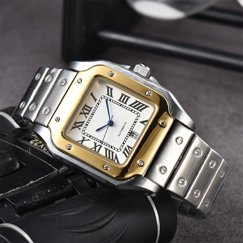 Montre à quartz carrée à 3 broches pour homme, entièrement en acier