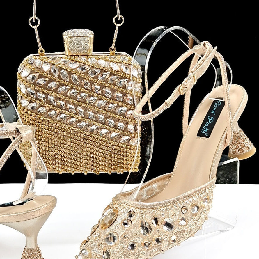 Large Rhinestone High Heel Sandals Three-dimensional Tassel Handbag Set