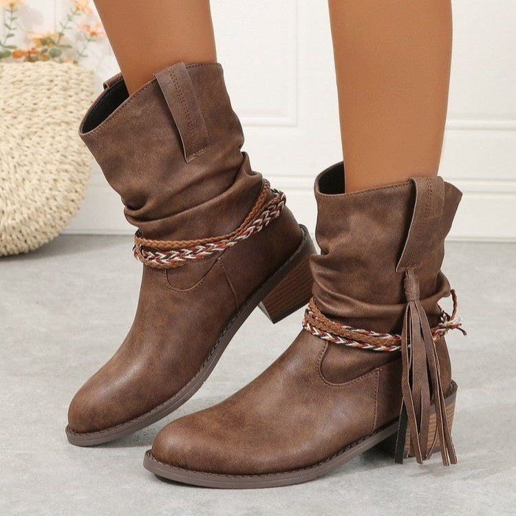 Short Boots Women's Autumn And Winter Pleated Tassel High Heel Mid-calf Length Loose Socks Boots