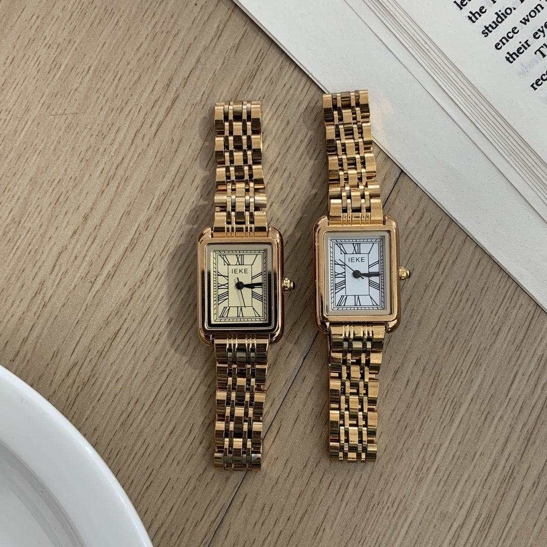 Retro Square Roman Scale Gold Steel Belt Quartz Watch