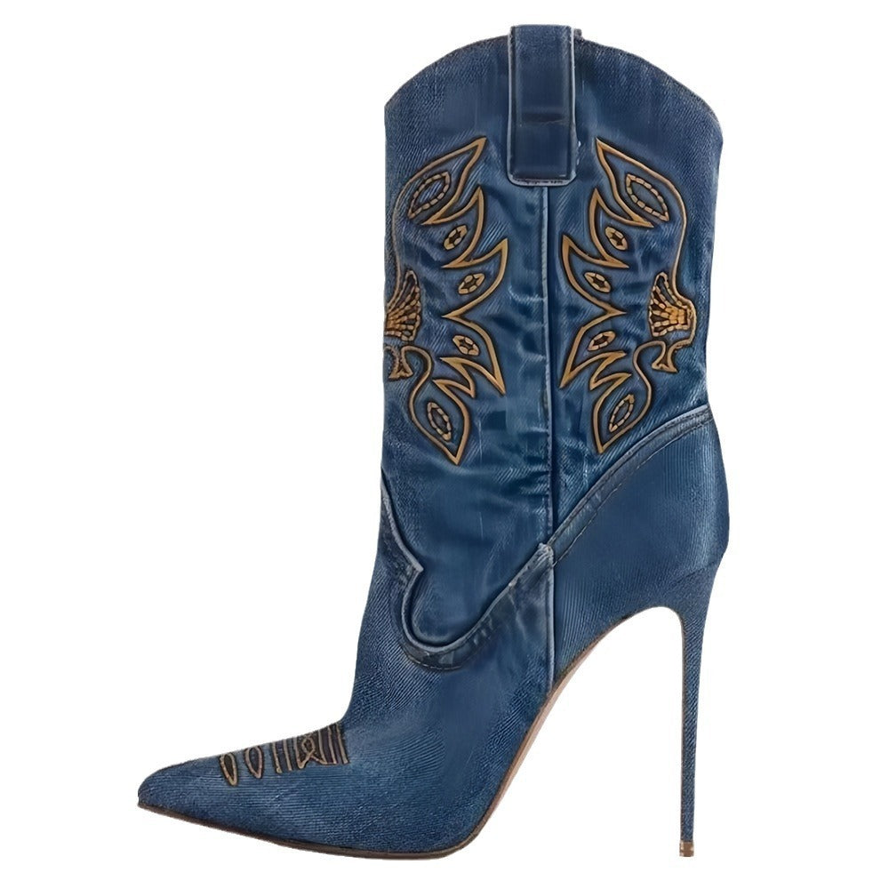 Women's Fashion Western Denim Style High-heel Boots