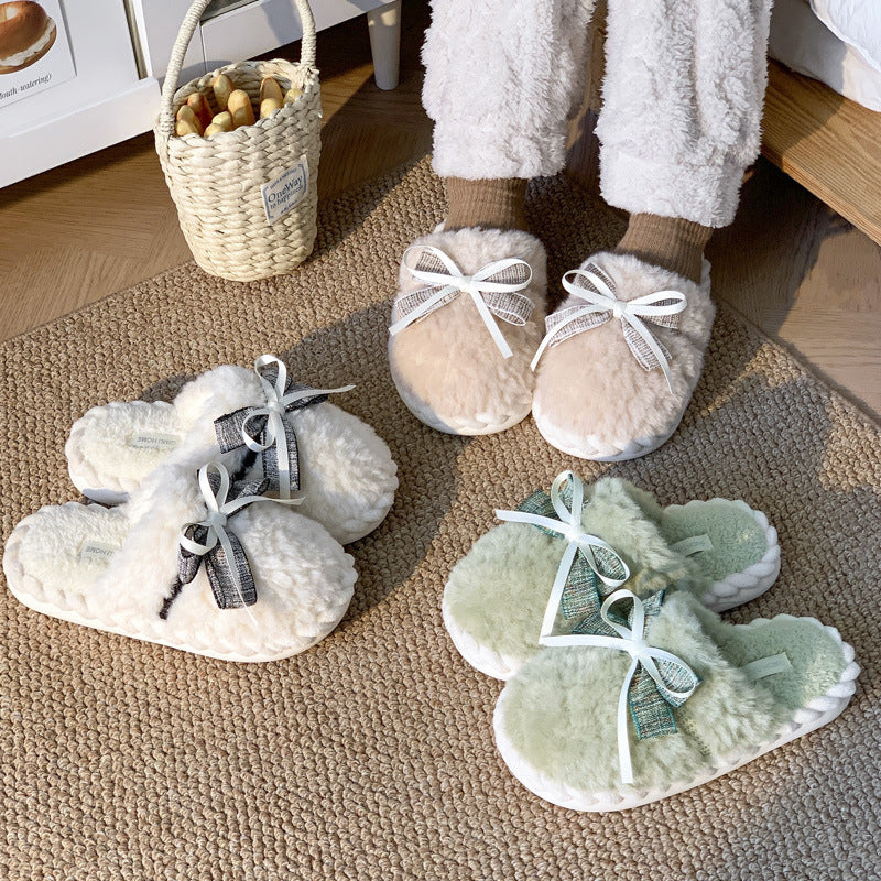 Bow Cotton Warm Non-slip Platform Slippers