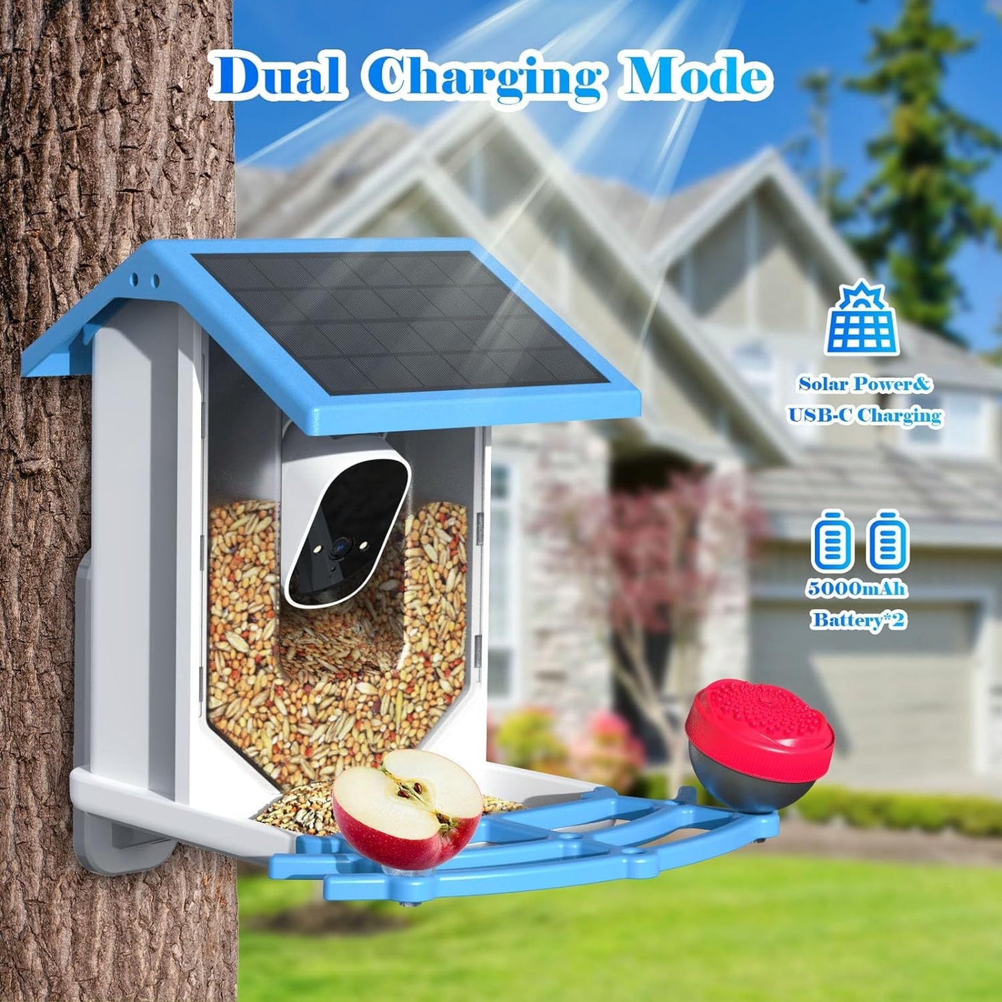 Smart Bird Feeder With Camera,Solar-Powered WiFi 4MP Live Camera,AI Identify Bird Species Auto Capture Garden Bird Watching&Motion Detection,Ideal Gift For Bird Lovers,Blue