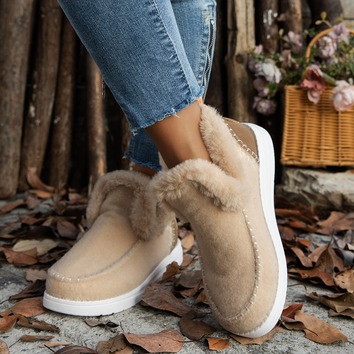 Fleece-lined Thick Plush Boots Warm Sewing Flat Cotton Shoes Winter Ankle Boot