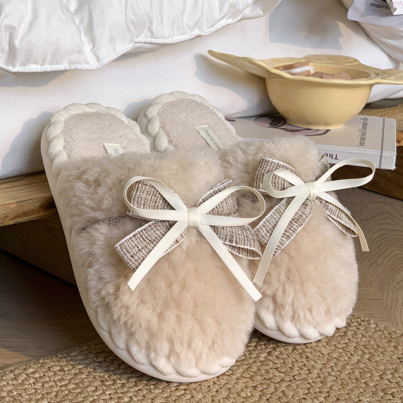 Bow Cotton Warm Non-slip Platform Slippers