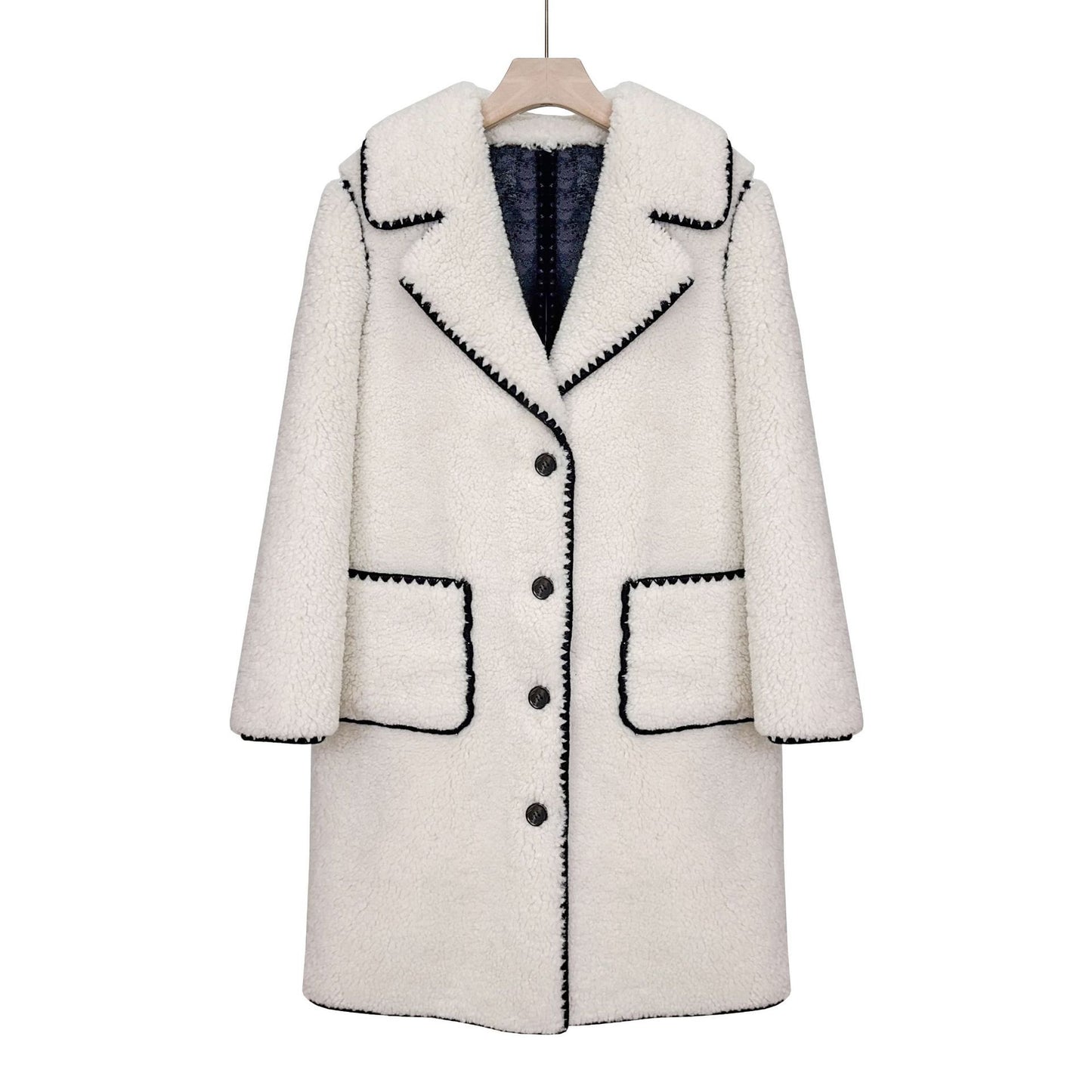 Fashion Women's Wear Casual Black And White Contrast Color Suit Collar Loose Long Furry Thick Overcoat Coat