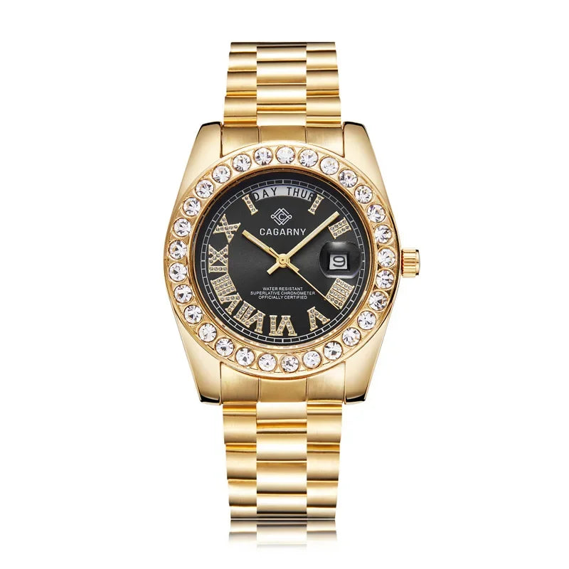 Luxury Crystal Diamond Gold Watch Men Quartz Stainless Steel Men Watches Calenda