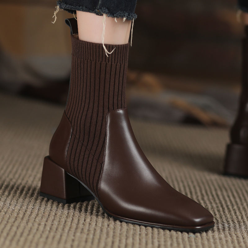 Chunky Heel Martin Boots Female Square Toe Stretch Socks Soft Leather Mid-calf Thin Short