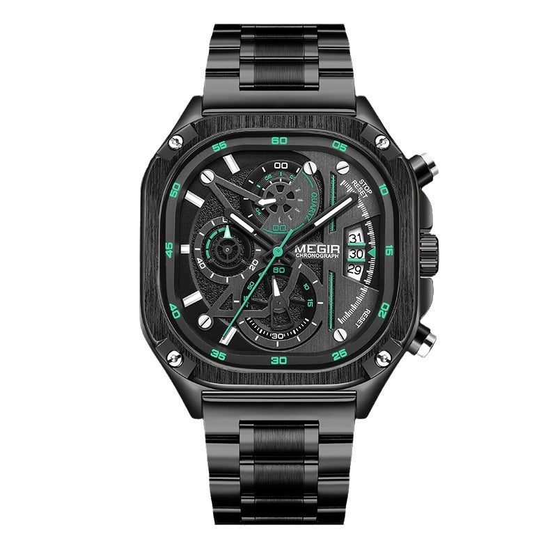 Montre multifonction étanche lumineuse à bracelet carré en acier pour homme avec boucle papillon