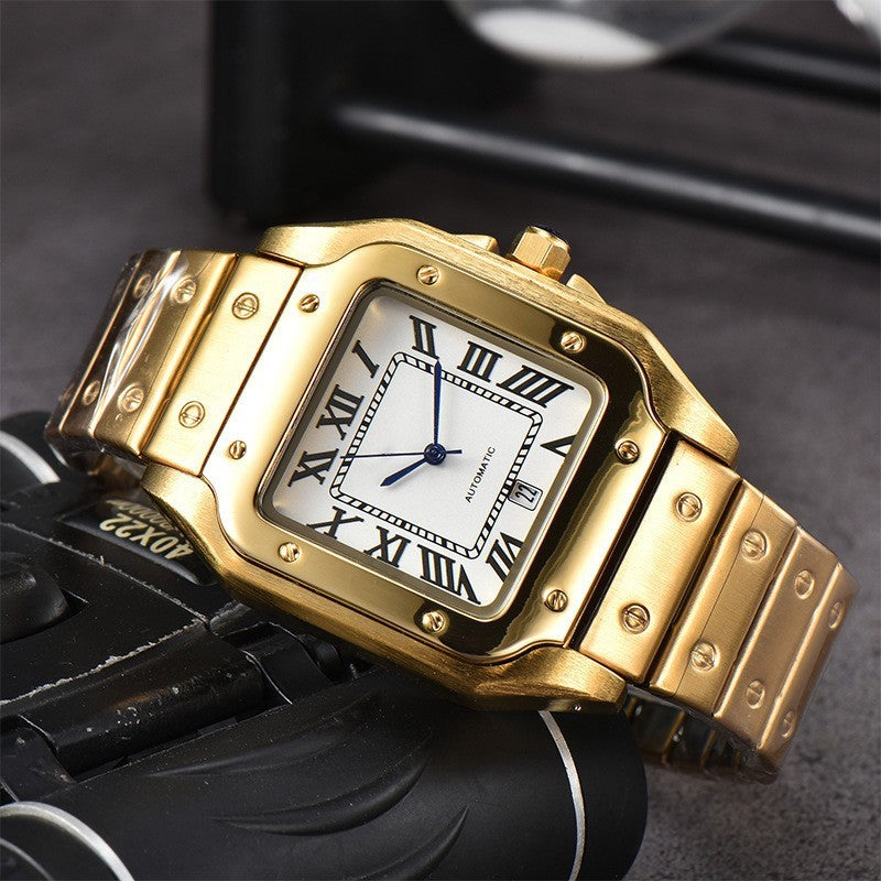 Montre à quartz carrée à 3 broches pour homme, entièrement en acier