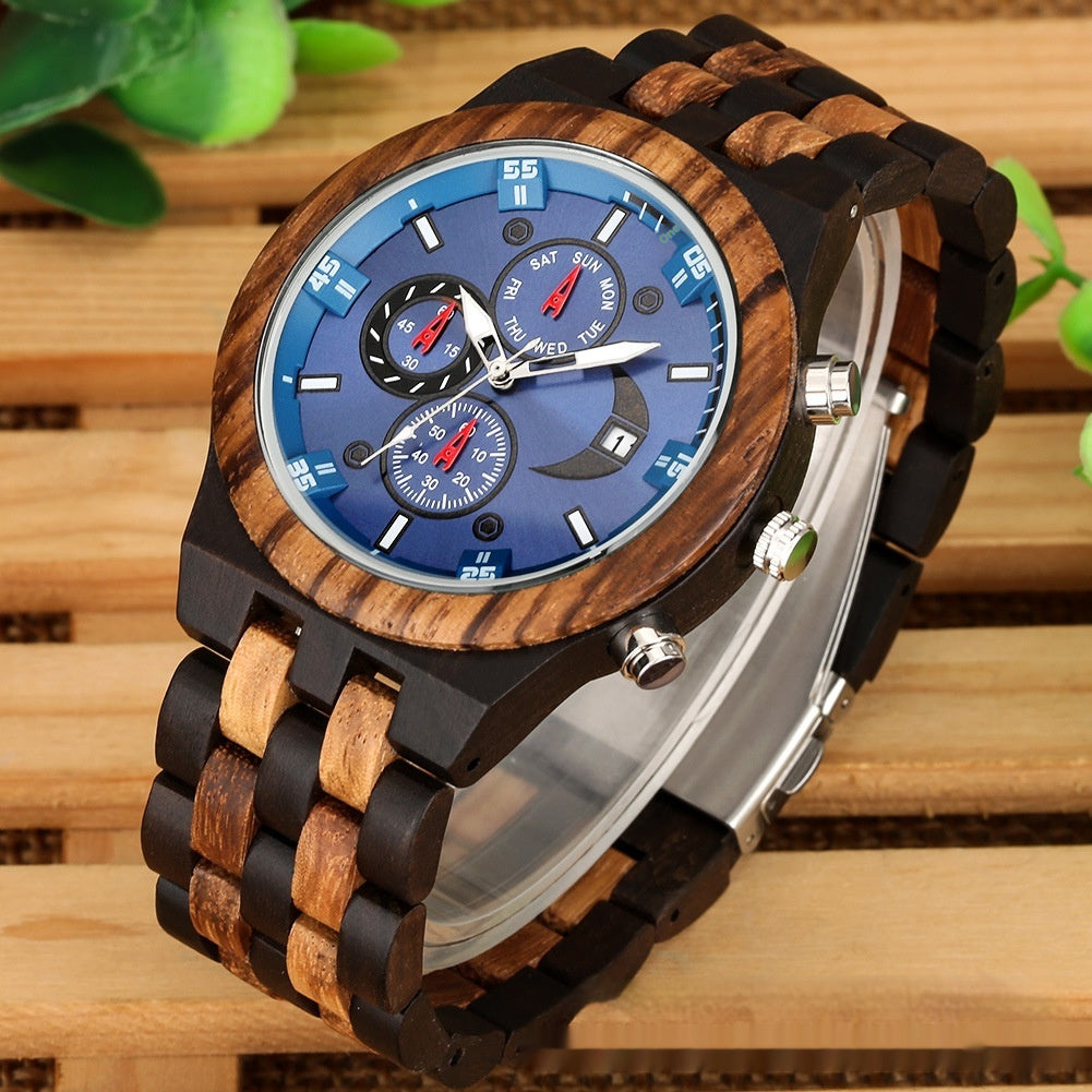 Nouvelle montre à quartz multifonctionnelle avec calendrier et bracelet en bois