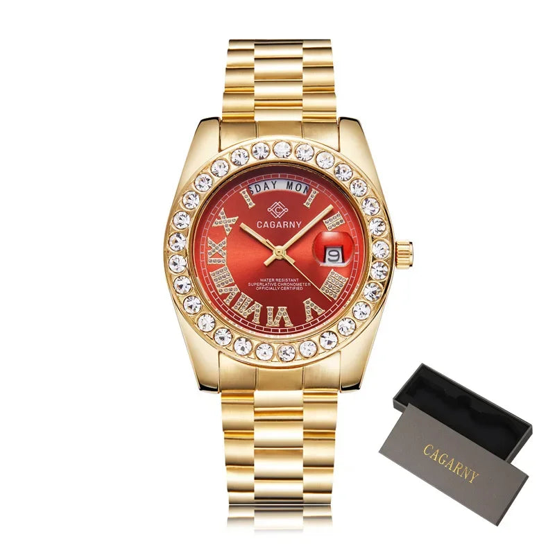 Luxury Crystal Diamond Gold Watch Men Quartz Stainless Steel Men Watches Calenda