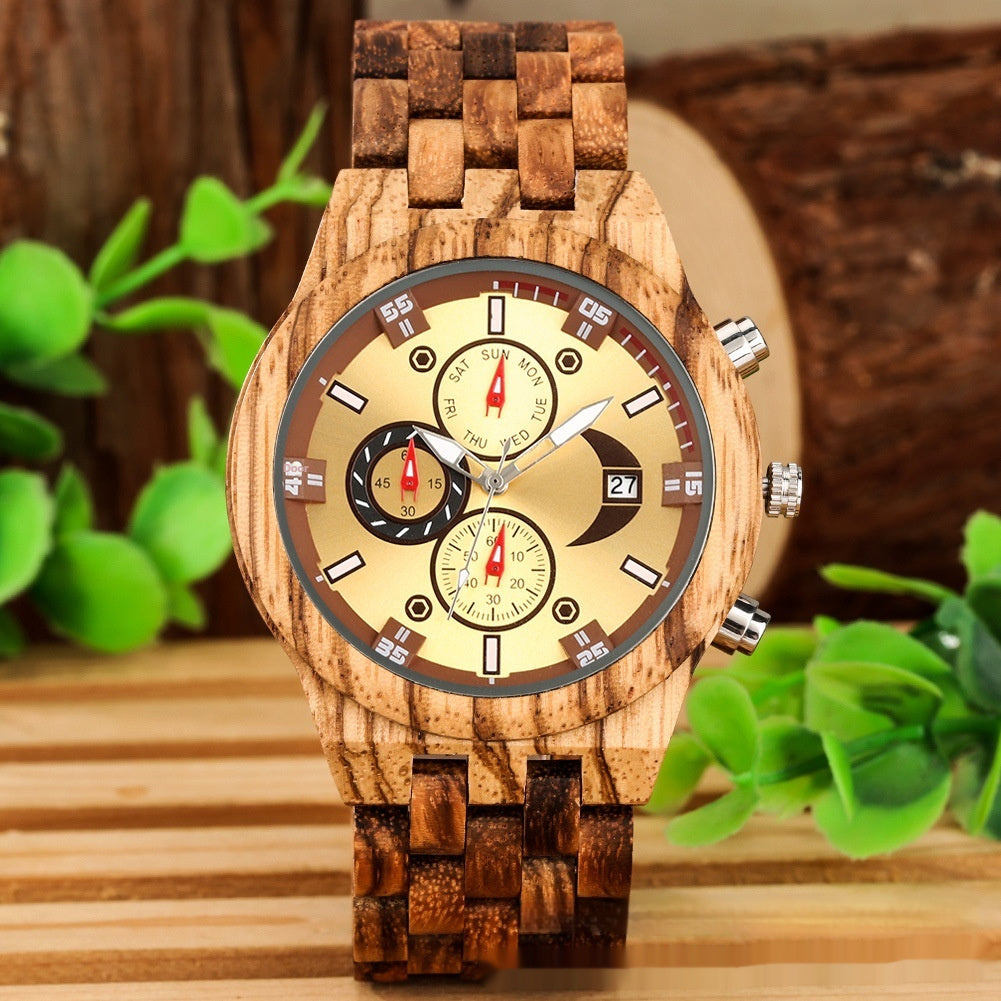 Nouvelle montre à quartz multifonctionnelle avec calendrier et bracelet en bois