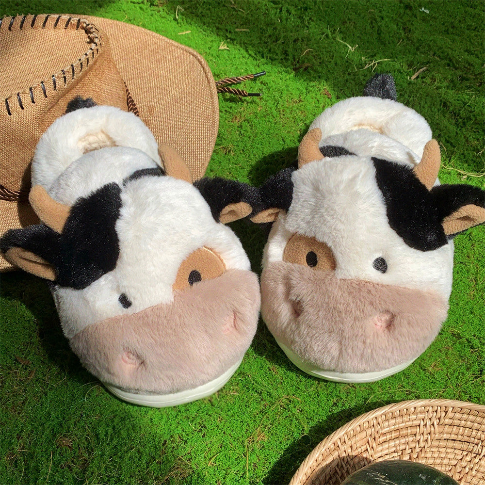 Fleece Lined Thermal Soft Bottom Home Cute Dairy Cattle Cotton Slippers