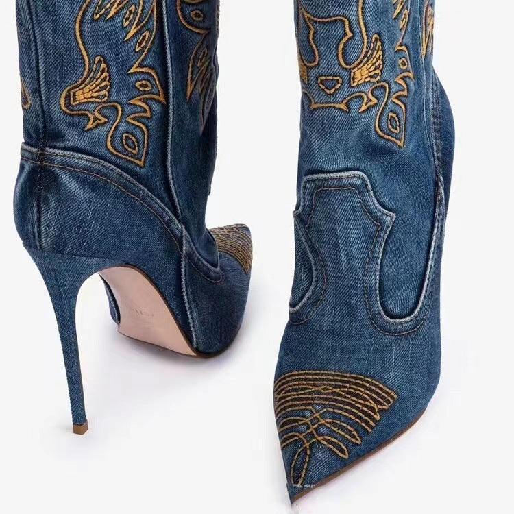 Women's Fashion Western Denim Style High-heel Boots