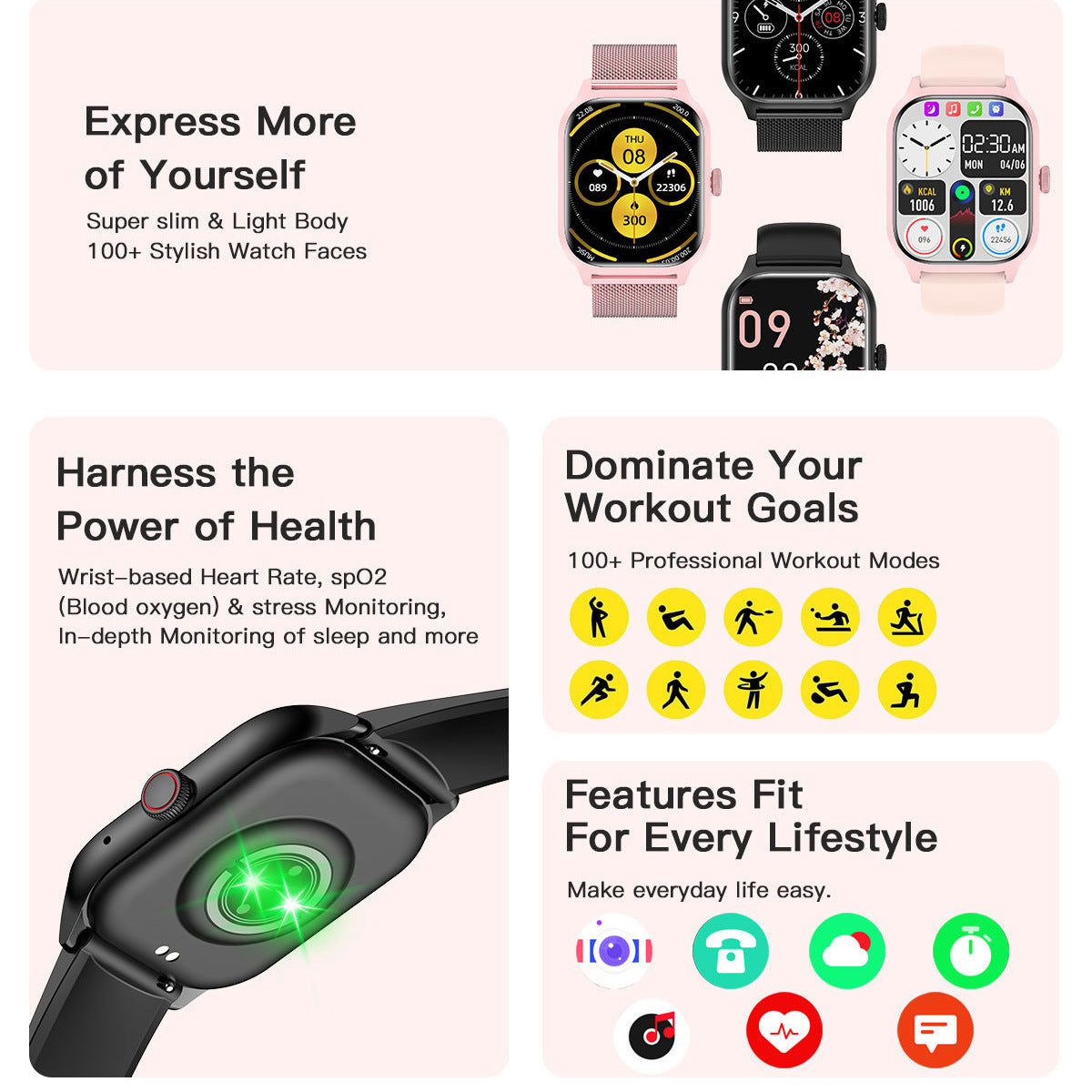 Montre intelligente multifonctionnelle Bluetooth avec appels, fréquence cardiaque, pression artérielle, surveillance du sommeil, santé sportive LT10