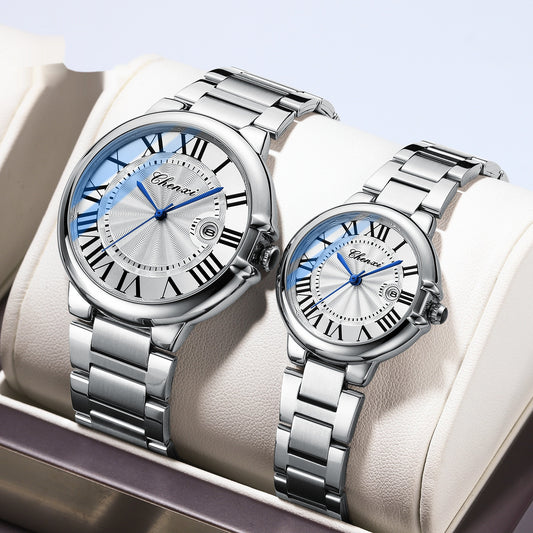 Roman Couple Watches Calendar Steel Belt Waterproof Luminous Classic