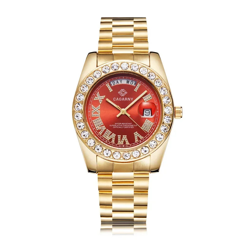 Luxury Crystal Diamond Gold Watch Men Quartz Stainless Steel Men Watches Calenda