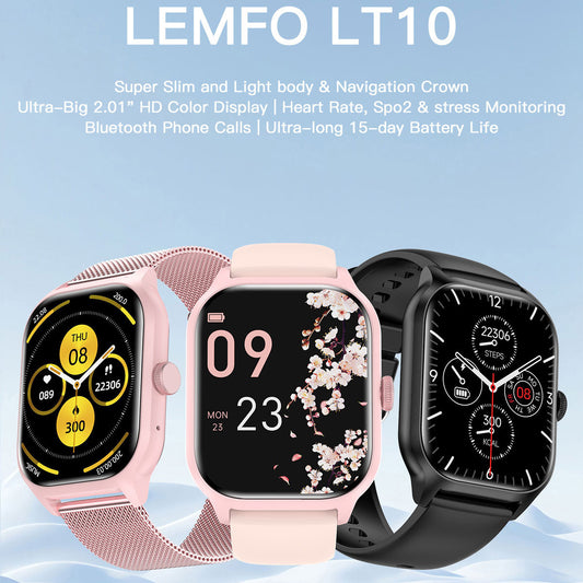 Montre intelligente multifonctionnelle Bluetooth avec appels, fréquence cardiaque, pression artérielle, surveillance du sommeil, santé sportive LT10