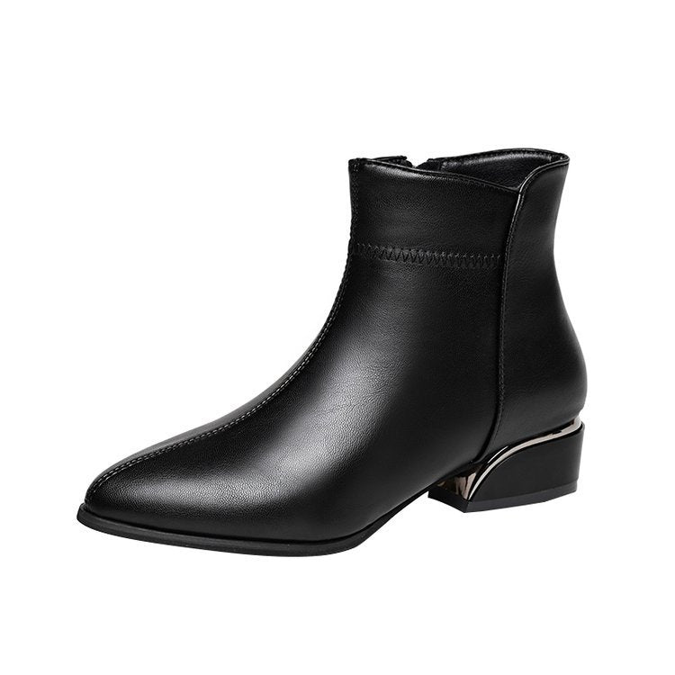 Large Size Thick Heel Short Boots For Women Pointed-toe Side Zip