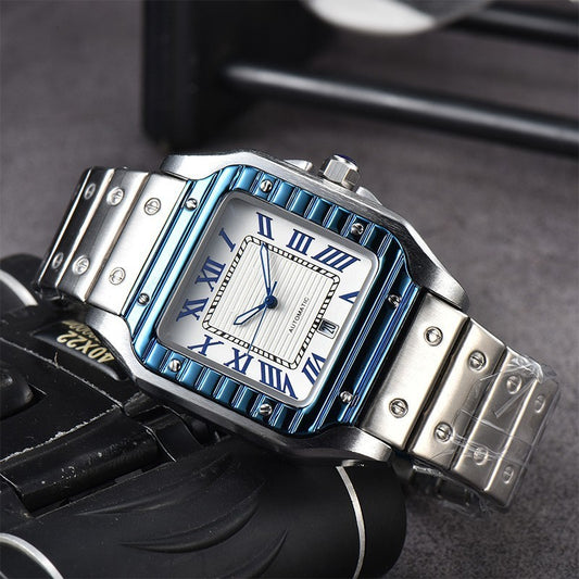 Montre à quartz carrée à 3 broches pour homme, entièrement en acier