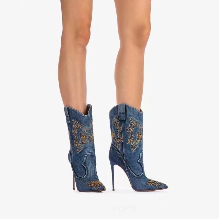 Women's Fashion Western Denim Style High-heel Boots