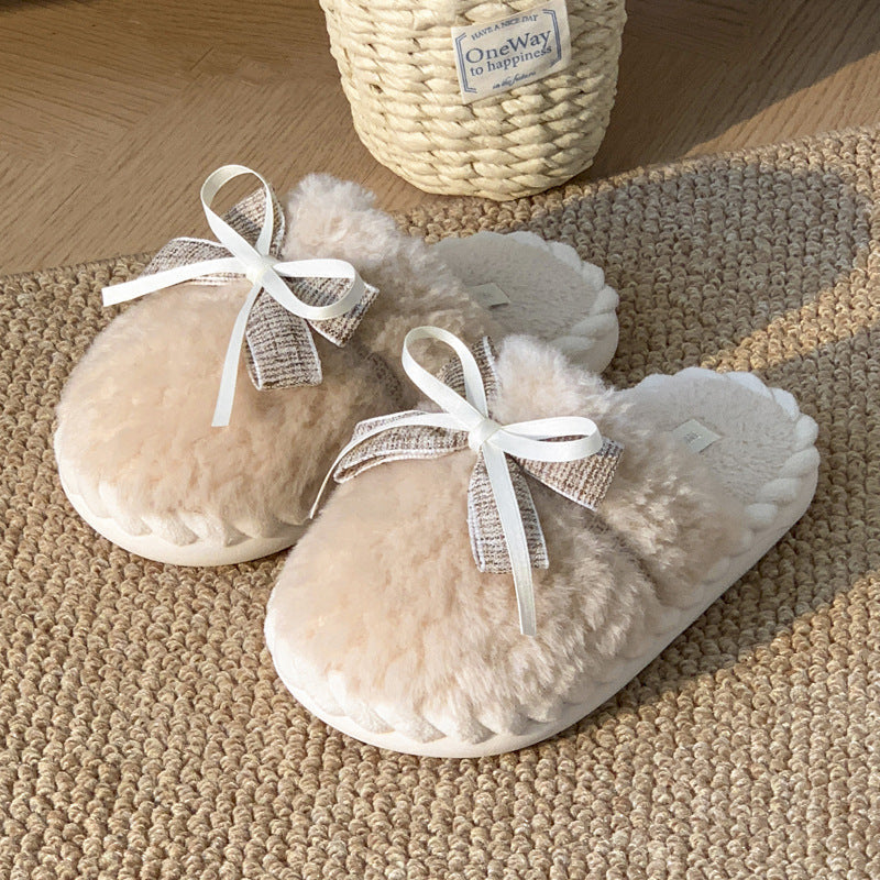 Bow Cotton Warm Non-slip Platform Slippers