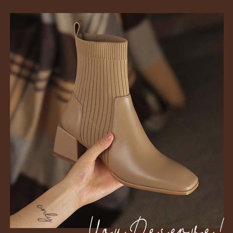 Chunky Heel Martin Boots Female Square Toe Stretch Socks Soft Leather Mid-calf Thin Short