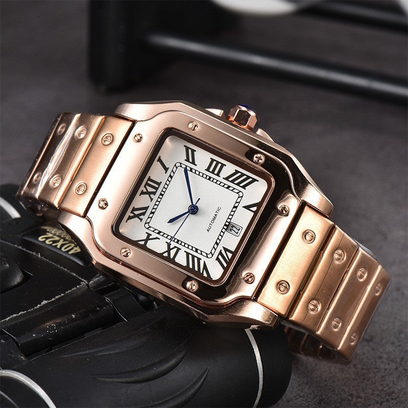 Montre à quartz carrée à 3 broches pour homme, entièrement en acier