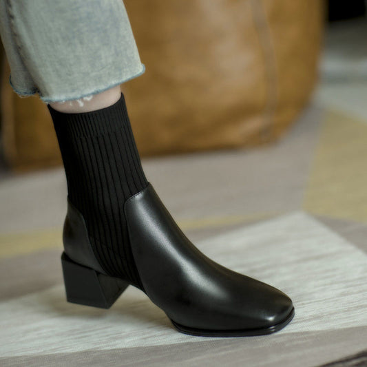 Chunky Heel Martin Boots Female Square Toe Stretch Socks Soft Leather Mid-calf Thin Short