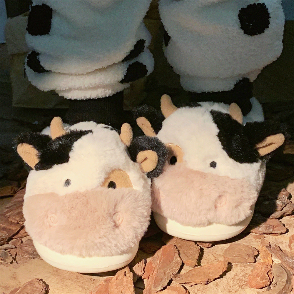 Fleece Lined Thermal Soft Bottom Home Cute Dairy Cattle Cotton Slippers