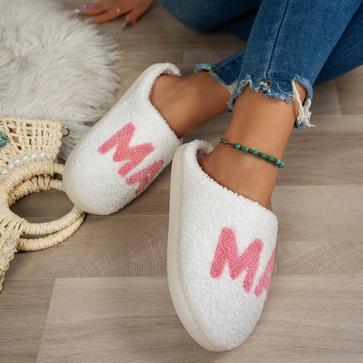 Chaussons en coton pelucheux cadeau de Noël MAMA