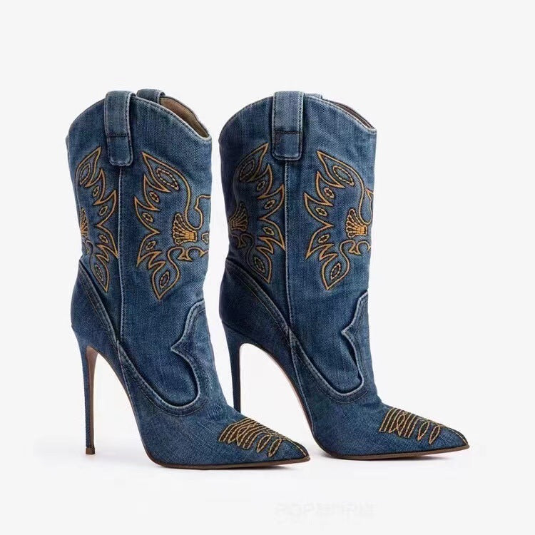 Women's Fashion Western Denim Style High-heel Boots