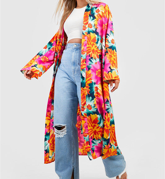 Geometric Pattern Printed Long Coat Pajamas Haori Cape Cardigan