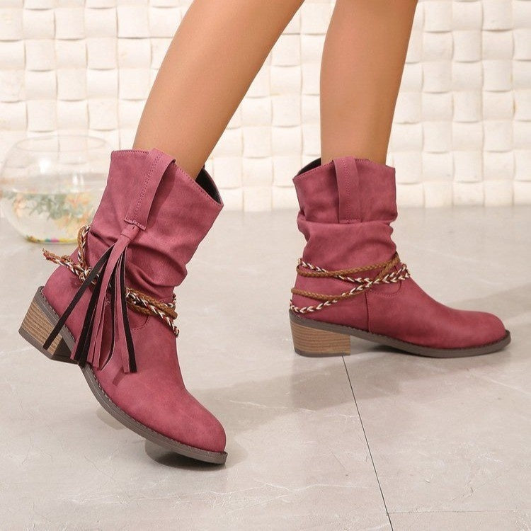 Short Boots Women's Autumn And Winter Pleated Tassel High Heel Mid-calf Length Loose Socks Boots