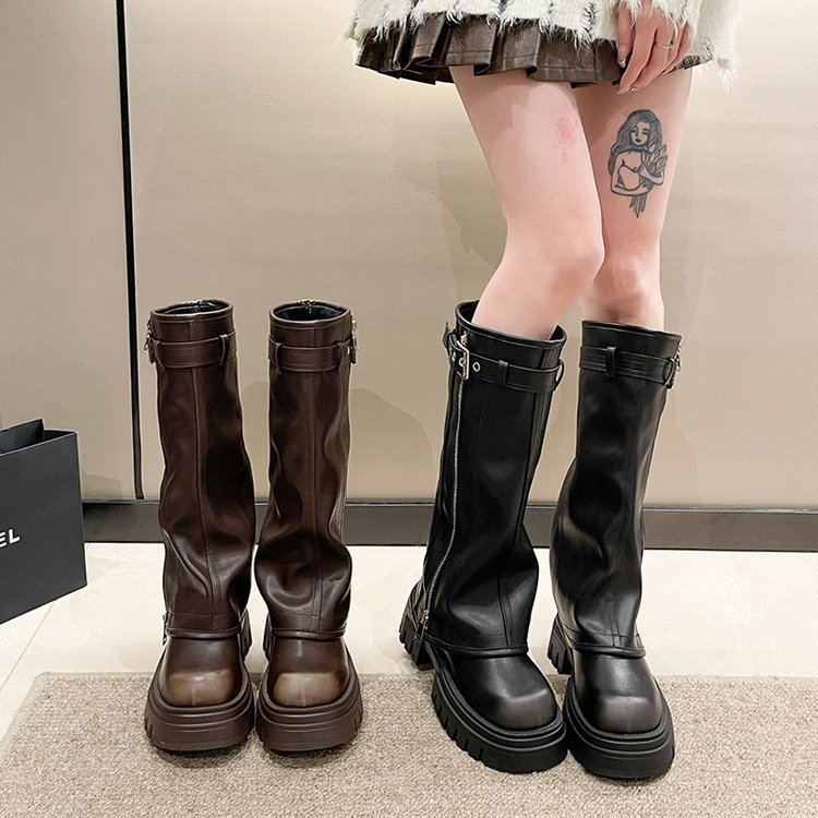 Bottes marron à semelle surélevée de style occidental pour femmes