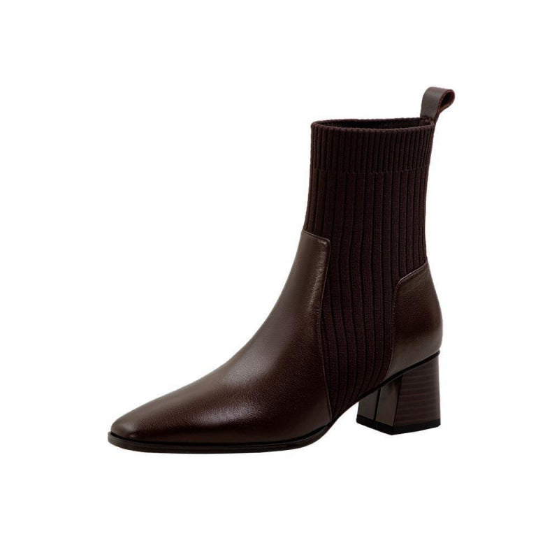 Chunky Heel Martin Boots Female Square Toe Stretch Socks Soft Leather Mid-calf Thin Short