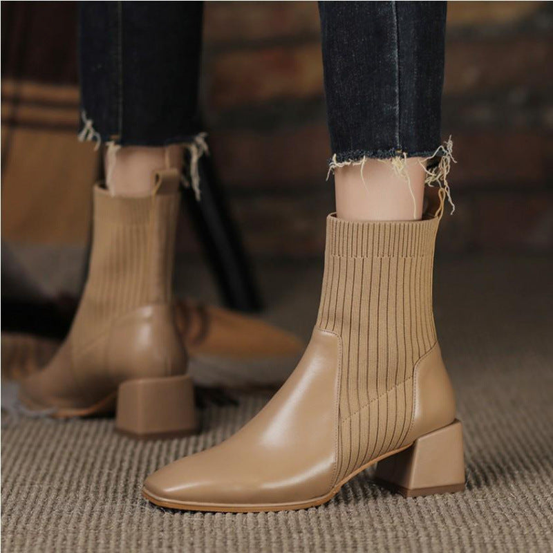 Chunky Heel Martin Boots Female Square Toe Stretch Socks Soft Leather Mid-calf Thin Short