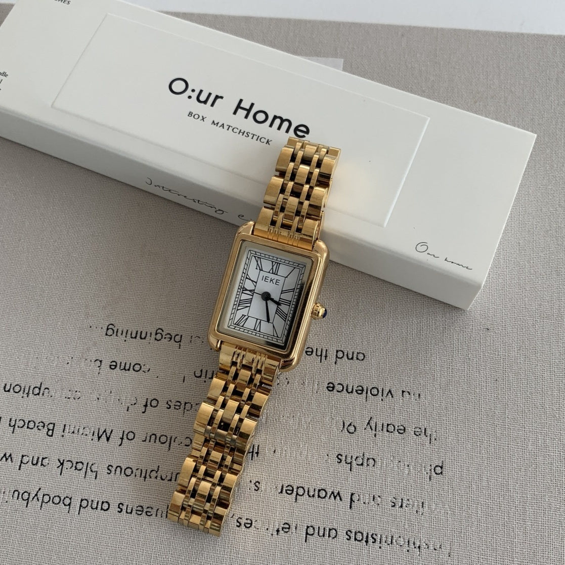 Retro Square Roman Scale Gold Steel Belt Quartz Watch