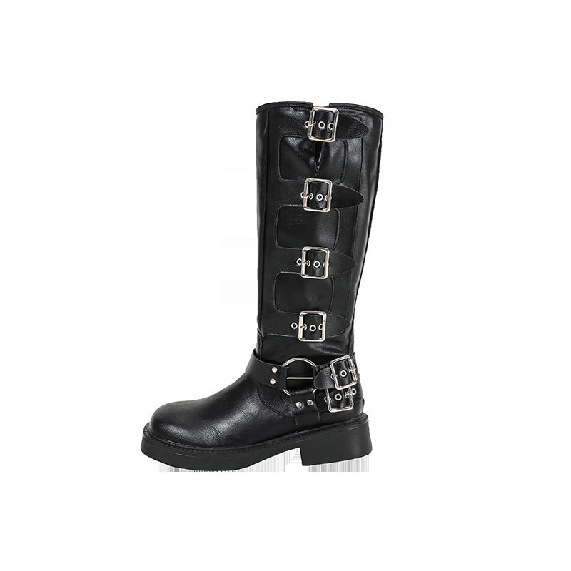 Genuine Leather Chunky Heel Martin Boots Women's Retro Maillard High Belt Buckle Square Head Knight Boots