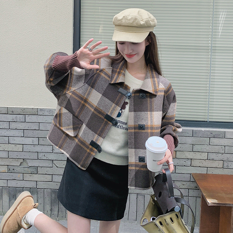 Casual Plaid Short Design Sense Thick Woolen Coat Women