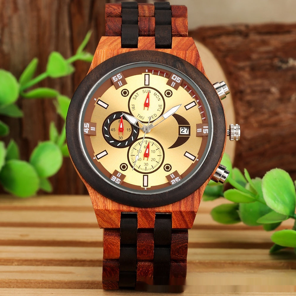 Nouvelle montre à quartz multifonctionnelle avec calendrier et bracelet en bois