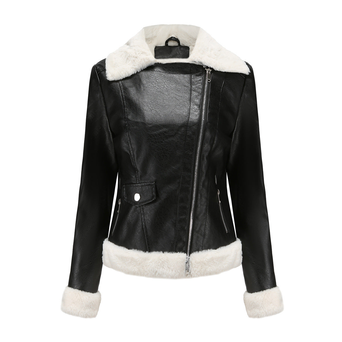 Fleece Leather Jacket Female European Code Warm Long Sleeves Turn-down Collar Coat