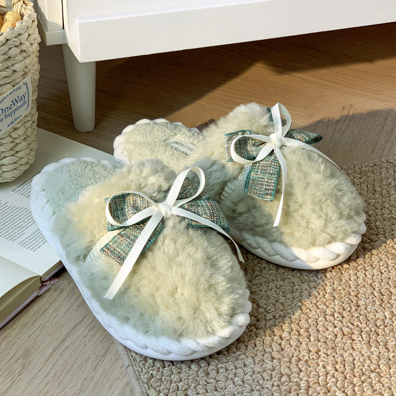 Bow Cotton Warm Non-slip Platform Slippers