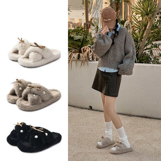 Simple Fashion Fur Hyoma Warm Non-slip Cotton Slippers