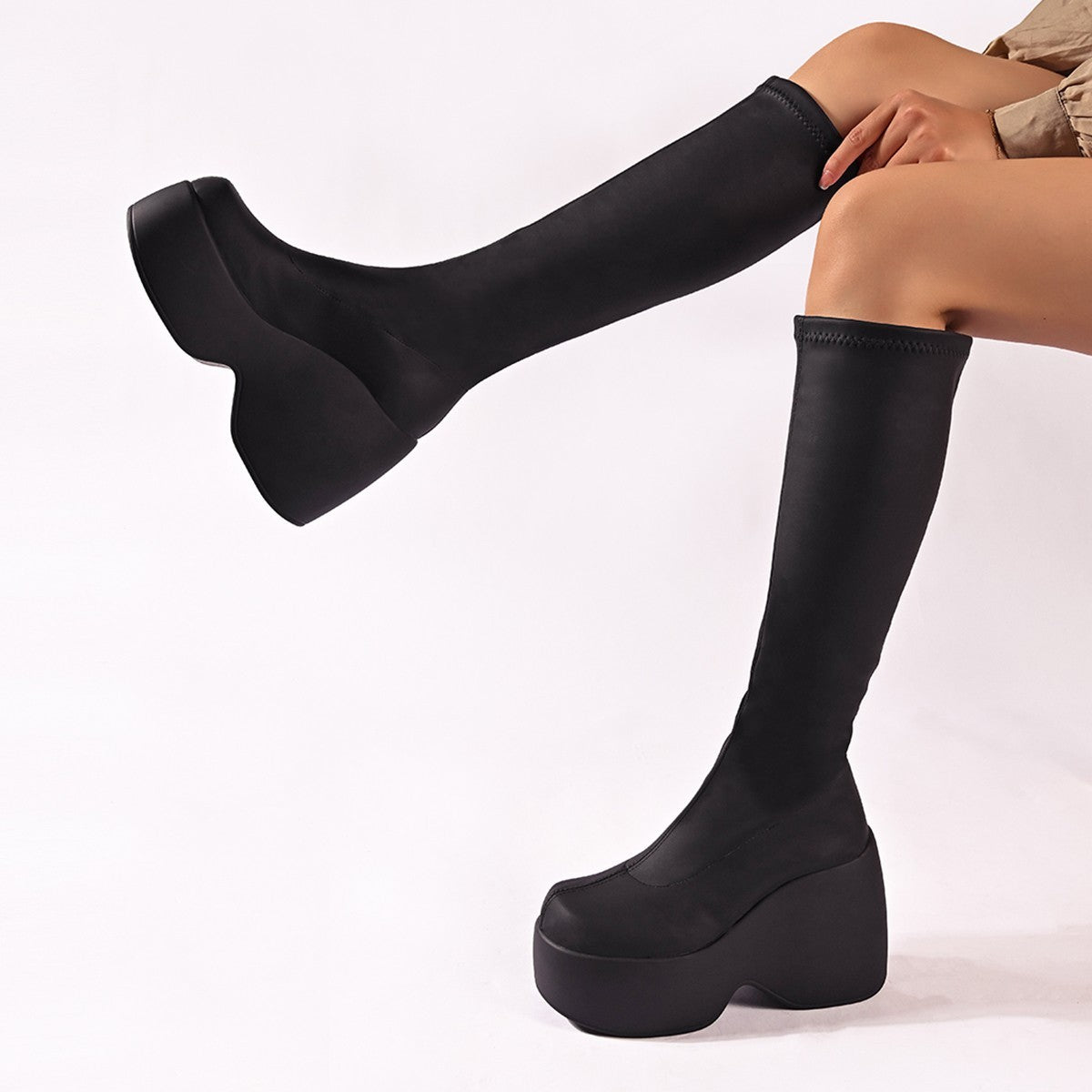 European And American Women's High-heeled Elastic Leather Boots