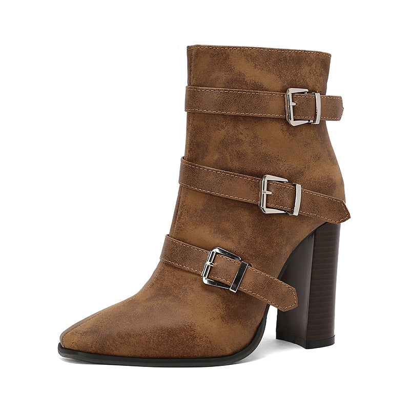 Belt Buckle Booties Thick High-heel Martin Boots