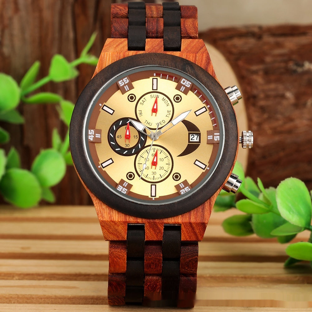 Nouvelle montre à quartz multifonctionnelle avec calendrier et bracelet en bois