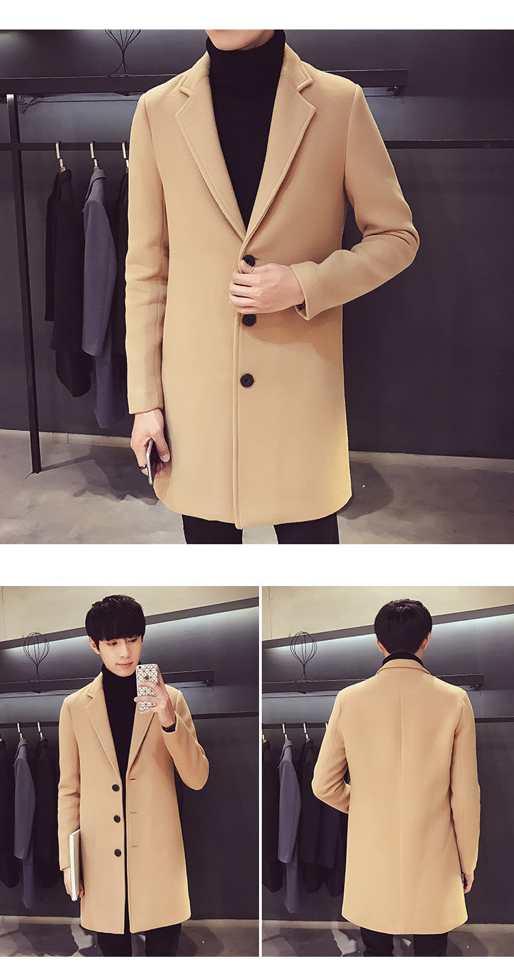 Men Long Cotton Coat 2024 Autumn Winter New Wool Blend Pure Color Casual Business Fashion Slim Windbreaker Jacket Men Clothing