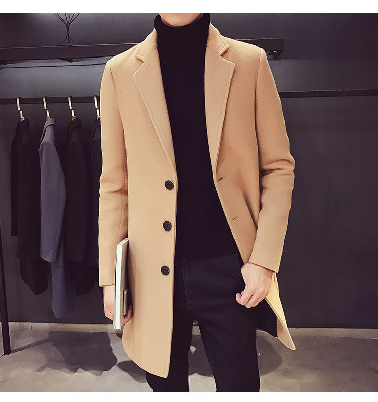 Men Long Cotton Coat 2024 Autumn Winter New Wool Blend Pure Color Casual Business Fashion Slim Windbreaker Jacket Men Clothing